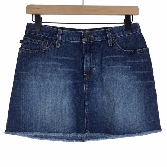 ABERCROMBIE & FITCH Denim Skirt Mini Jean Raw Hem Y2K Style Dark Blast Wash 2 - Picture 1 of 8